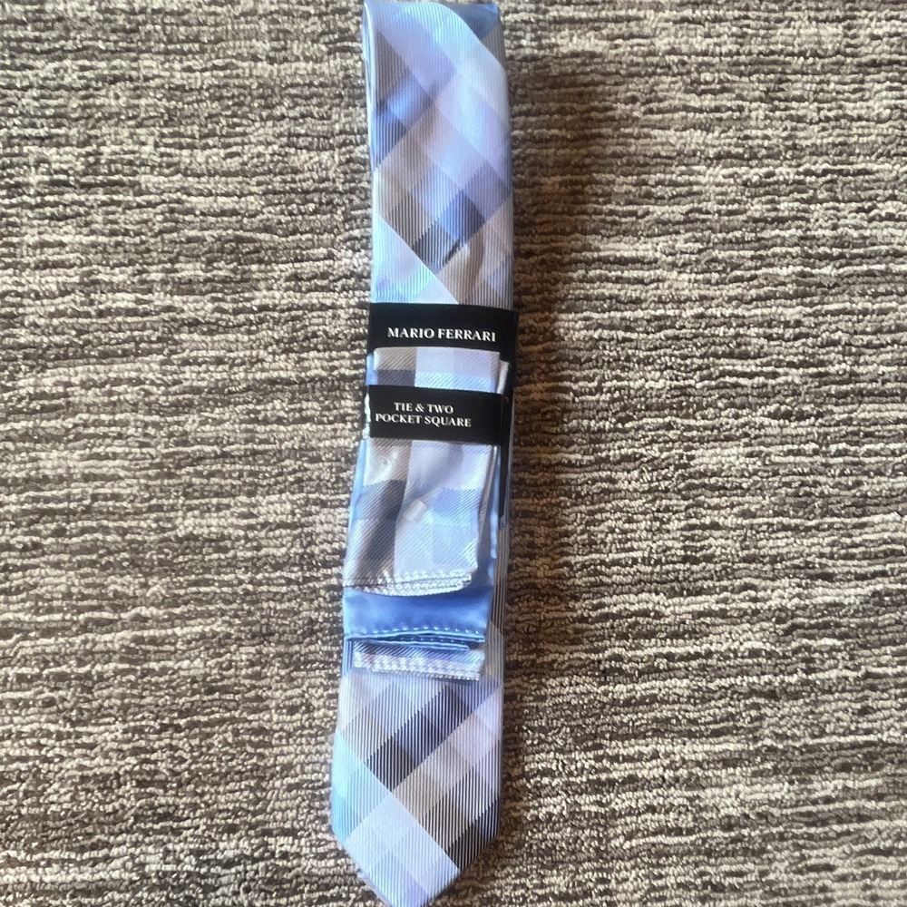 Mario Ferrari Men's Blue/Gray/White Plaid Silk Tie 2-Piece Set N8871KG